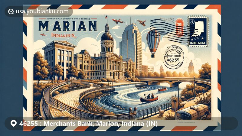 Modern illustration of Marion, Marion County, Indiana, featuring Mississinewa Riverwalk and Grant County Courthouse, blending postal elements like airmail envelope, Indiana state flag stamps, and postmark with ZIP code 46255.