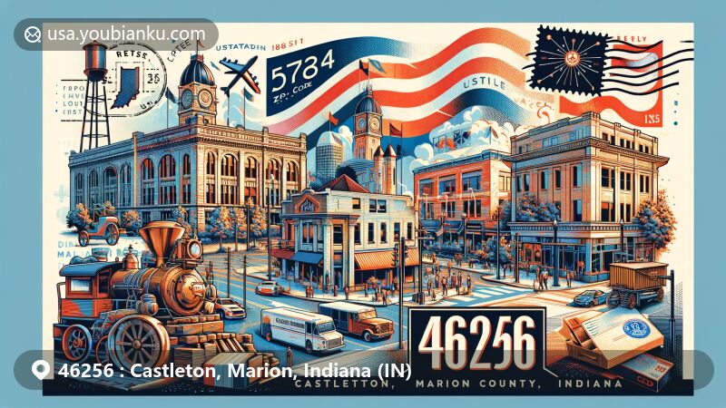 Modern illustration of Castleton, Marion County, Indiana, highlighting the 46256 ZIP code area with a blend of historical and contemporary elements, integrating Castleton Grade School, Castleton Square Mall, and postal motifs.