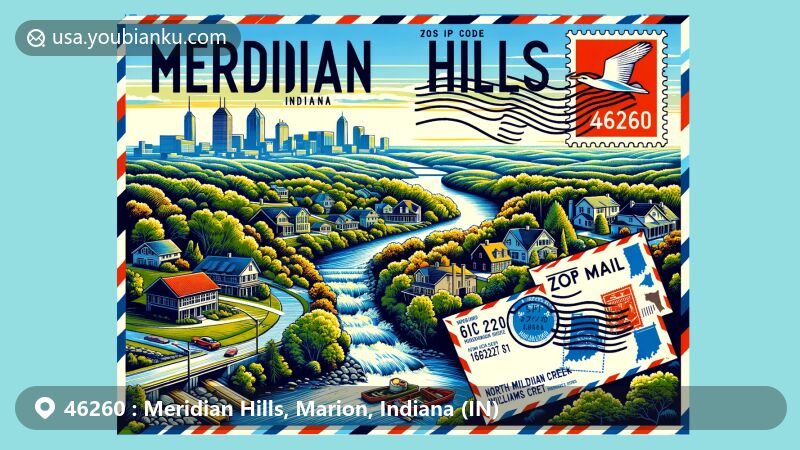 Modern illustration of Meridian Hills, Marion County, Indiana, showcasing postal theme with ZIP code 46260, featuring White River, Williams Creek, and affluent residential area.