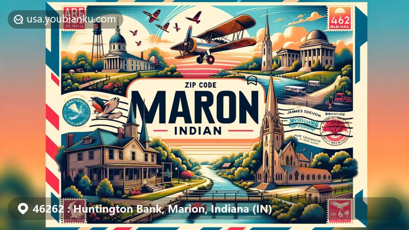 Modern illustration of Marion, Indiana, showcasing historical landmarks like Marion National Cemetery, Mississinewa River Trail, James Dean Birthplace Memorial, and Grant County Courthouse, capturing the essence of Marion with rich history and natural beauty, integrated with postal elements reflecting ZIP code theme.