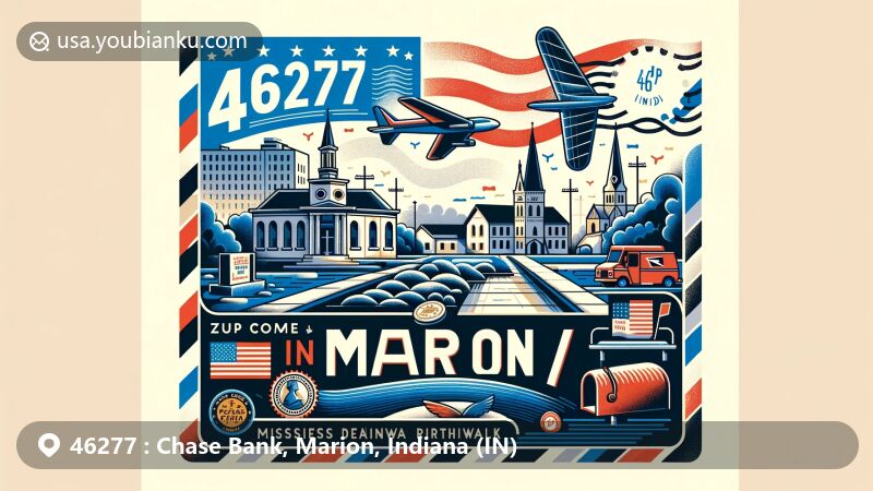 Modern illustration of Marion, Indiana, highlighting postal theme with ZIP code 46277, featuring Marion National Cemetery, Mississinewa Riverwalk, and James Dean Birthsite Memorial.