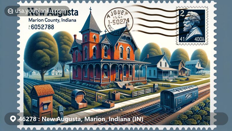 Modern illustration of New Augusta, Marion County, Indiana, with a postal theme for ZIP code 46278, showcasing historical architecture and landmarks like Italianate brick homes, Augusta train depot, Victorian cottages, and Salem Evangelical Lutheran Church.