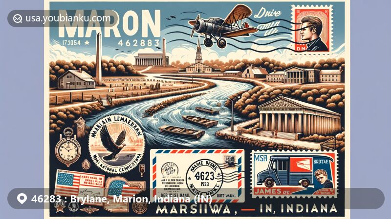 Modern illustration of Brylane, Marion, Indiana, with ZIP code 46283, featuring Marion National Cemetery, Mississinewa Riverwalk, and James Dean Birthsite Memorial.