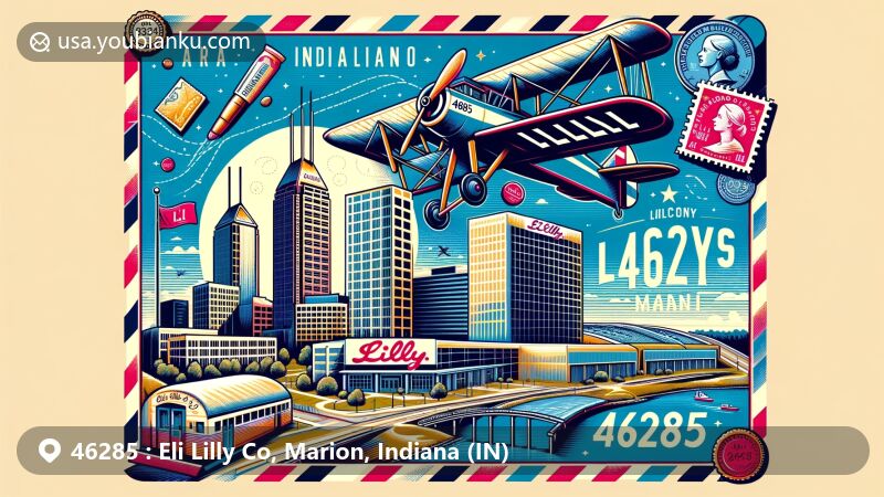 Modern illustration of ZIP code 46285, Eli Lilly Co area in Marion County, Indiana, showcasing Lilly Corporate Center, Indiana state flag, Marion County outline, vintage air mail envelope, stamps, and postal mark.