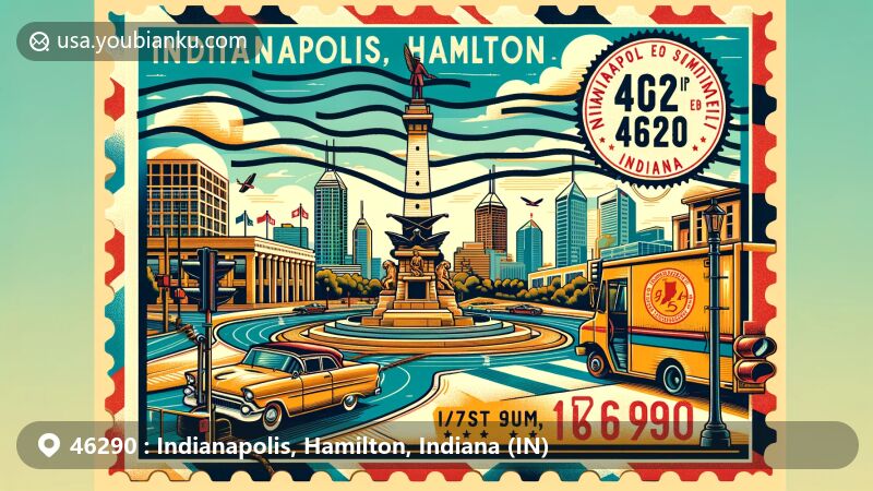 Creative illustration of Carmel, Hamilton County, Indiana, highlighting ZIP code 46290 with Monon Trail and historic traffic signal, blending modern cityscape with historic landmarks like Soldiers and Sailors Monument and Eiteljorg Museum.
