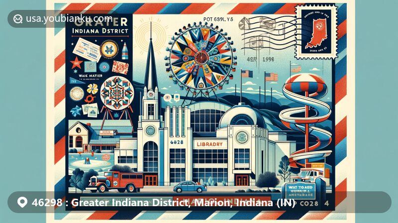 Modern illustration of Marion, Marion County, Indiana, designed as a postcard with ZIP code 46298, featuring Quilters Hall of Fame, Marion Public Library Museum, water fun activities, and Indiana state symbols.