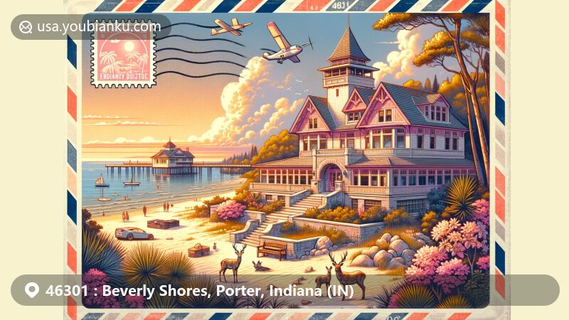 Unique illustration of Beverly Shores, Indiana, exhibiting postal theme with ZIP code 46301, featuring Florida Tropical House in flamboyant pink, Indiana Dunes, Lake Michigan, and white-tailed deer.