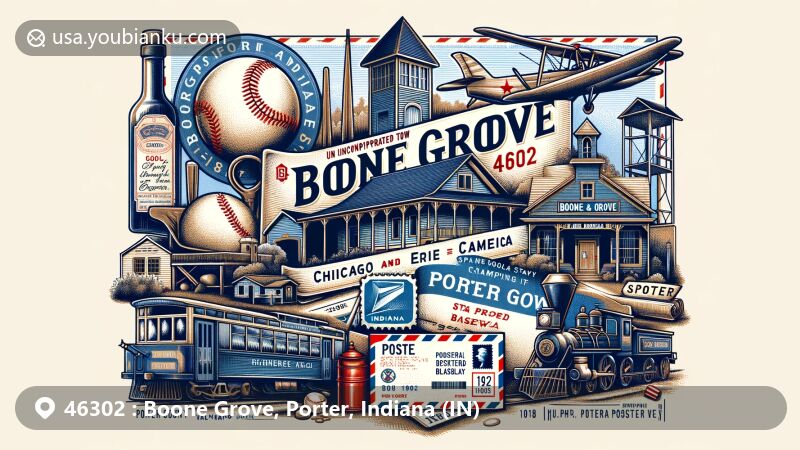Modern illustration of Boone Grove, Porter County, Indiana, showcasing rural and historic charm with elements like Boone Grove Post Office, Chicago and Erie Railroad, Modern Woodmen of America Lodge, and symbolic representation of Boone Grove High School's baseball victory.
