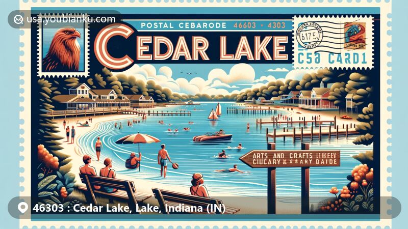 Modern illustration of Cedar Lake, Indiana, showcasing postal theme with ZIP code 46303, featuring serene waters, water sports, arts scene, vintage vacation elements, and Indiana natural parks.