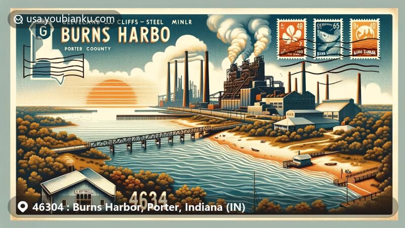 Modern illustration of Burns Harbor, Indiana, in 46304 ZIP code, featuring Cleveland-Cliffs steel mill, Lake Michigan shoreline, and Indiana Dunes in a postcard design.