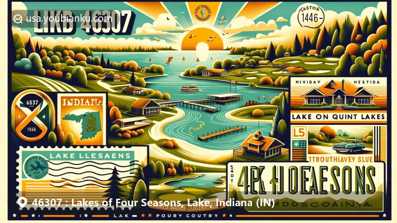 Modern illustration of Lakes of Four Seasons, Lake County, Indiana, showcasing natural beauty with Lake Holiday, Big Bass Lake, Lake on the Green, and Trouthaven Lake, along with Four Seasons Country Club and vintage postal elements.