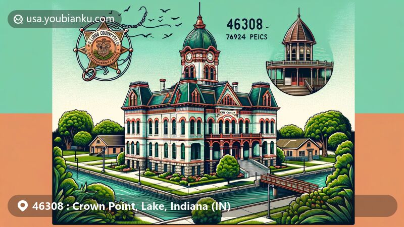 Modern postcard-style illustration of Crown Point, Lake County, Indiana, featuring the historic Lake County Courthouse, Sheriff's House and Jail, marriage mill symbolism, Lemon Lake County Park, Erie Lackawanna Trail, and a postal theme with Indiana state flag and postmark.