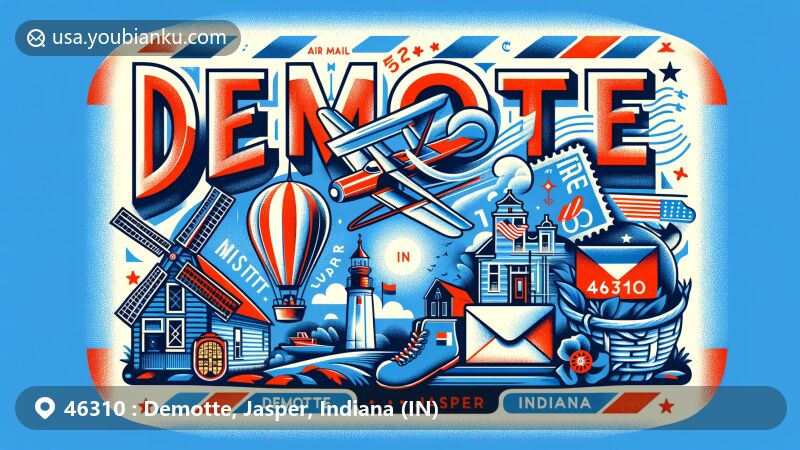 Artistic depiction of Demotte, Jasper, Indiana, capturing postal essence with 'Touch of Dutch' festival elements, including a Dutch windmill, clogs, air mail envelope, and stamps, representing local culture and postal code 46310.