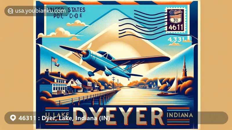 Modern illustration of Dyer, Lake, Indiana, with aviation-themed envelope showcasing ZIP code 46311, featuring Glenwood Shoreline and U.S. Route 30.