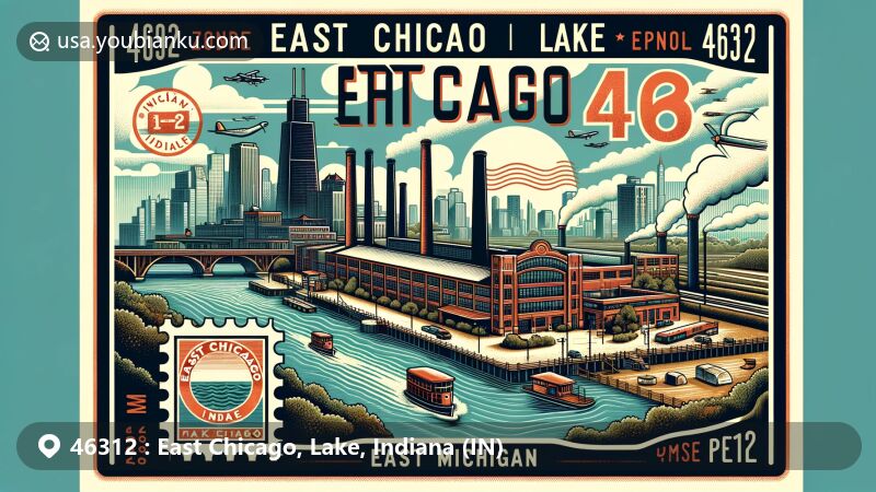 Modern illustration of East Chicago, Lake, Indiana, with postal-themed artistry, showcasing iconic landmarks like Indiana Harbor and Ship Canal, Marktown district, and Lake Michigan, capturing the city's industrial history and unique architectural heritage.