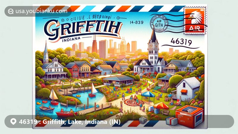 Modern illustration of Griffith, Indiana, featuring a creative postcard design reflecting the town's culture, postal imagery, and natural beauty with ZIP code 46319.