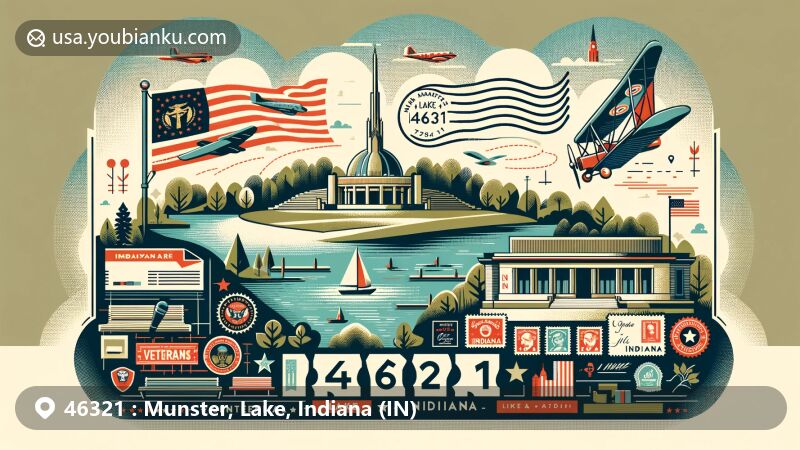 Modern illustration of Munster, Lake, Indiana, featuring Centennial Park, Community Veterans Memorial, and Indiana state flag, with vintage postal elements like air mail envelope, stamps, and postmark.