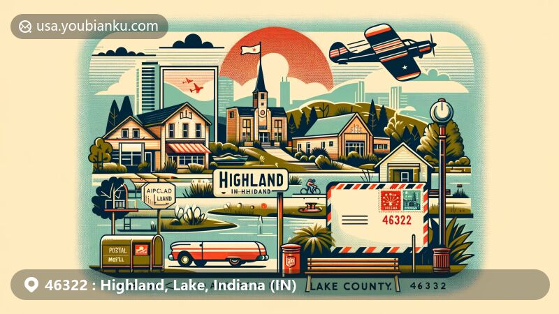 Modern illustration of Highland, Lake County, Indiana, highlighting the 46322 ZIP code area with a blend of small-town charm and city convenience, showcasing Mid-Century Modern architecture, community atmosphere, parks, and postal elements like vintage air mail envelope and Indiana state flag stamp.