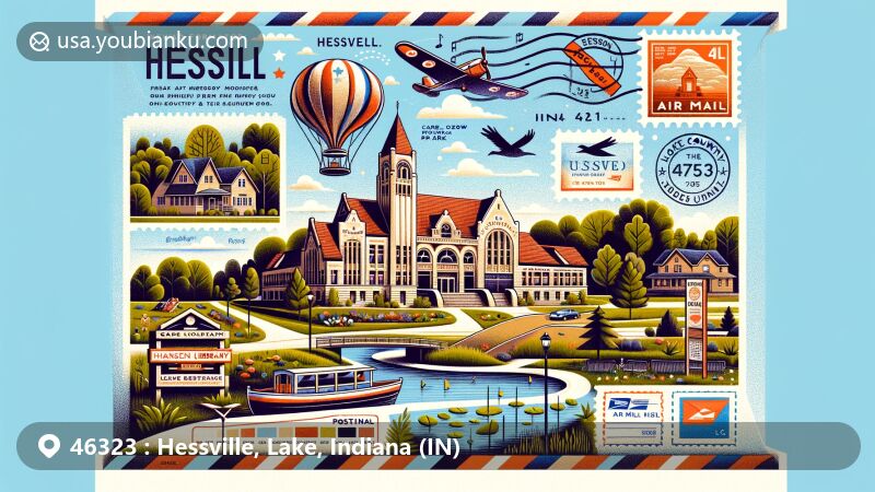 Modern illustration of Hessville, Lake County, Indiana, showcasing postal theme with ZIP code 46323, featuring Hansen Library, Carlson Oxbow Park, and Gibson Woods.