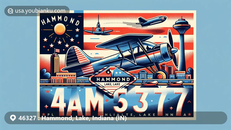 Modern illustration of Hammond, Lake, Indiana, featuring aviation-themed air mail envelope with ZIP code 46327, highlighting landmarks like Horseshoe Hammond casino and Wolf Lake, along with Indiana state flag.