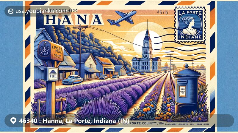 Modern illustration of Hanna, La Porte County, Indiana, showcasing rural and agricultural essence with Lakeside Lavender and Herbs, Garwood Orchards, and historical LaPorte Indiana Courthouse, framed by airmail envelope with ZIP code 46340.