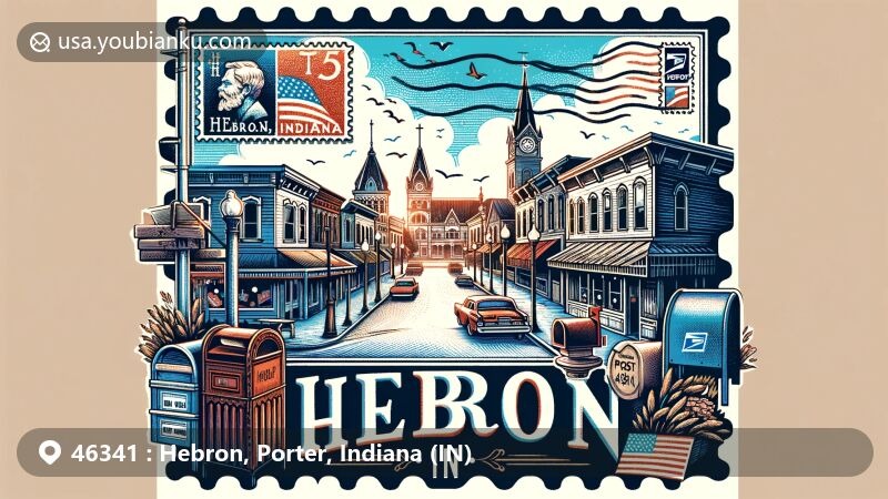 Modern illustration of Hebron, Indiana, highlighting small-town charm and community spirit, featuring vintage postal elements like postcard layout, state flag stamp, old-fashioned mailbox, and ZIP code 46341.