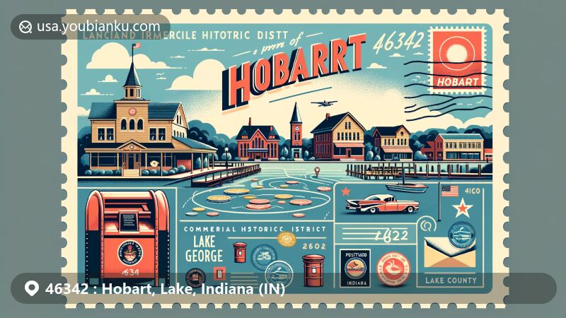 Modern illustration of Lake George Commercial Historic District in Hobart, Indiana, capturing postal theme with ZIP code 46342, featuring stamps, postmark, mailboxes, and mail truck against town landscape.