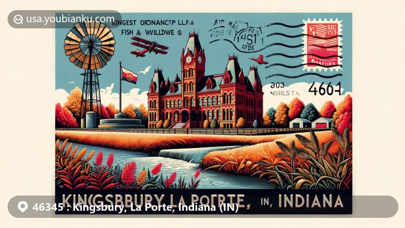 Modern illustration of Kingsbury, La Porte County, Indiana, showcasing postal theme with ZIP code 46345, featuring Kingsbury Ordnance Plant, Kingsbury Fish & Wildlife Area, and LaPorte County Courthouse.