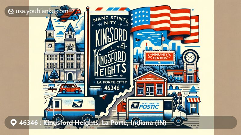 Modern illustration of Kingsford Heights, La Porte County, Indiana, featuring postal theme with ZIP code 46346, showcasing education and community spirit, with historical reference to 'Victory City' and Kingsbury Ordnance Plant workers.