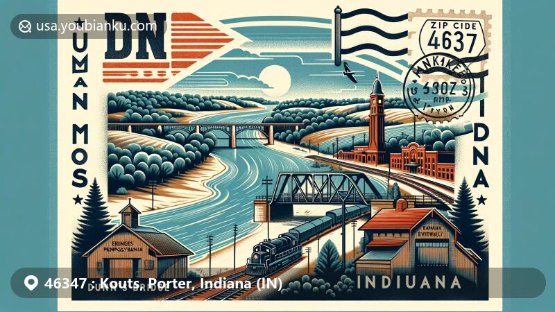 Modern illustration of Kouts, Porter County, Indiana, featuring Dunn's Bridge and Kankakee River, showcasing historical and geographical landmarks with railway elements symbolizing early history, including a vintage train station, set in a postal-themed background with ZIP code 46347 and postage stamp, highlighting the town's association with Erie and Pennsylvania railways.