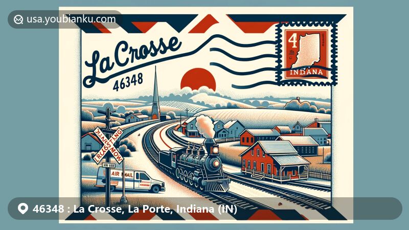 Modern illustration of La Crosse, La Porte, Indiana, with a vintage air mail envelope backdrop featuring a postal stamp with ZIP Code 46348 and town name, incorporating a stylized railroad crossing sign and elements of La Porte County's identity in vibrant colors.