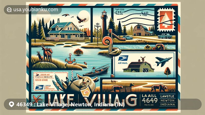 Modern illustration of Lake Village, Newton, Indiana, highlighting postal theme with ZIP code 46349, featuring LaSalle Fish and Wildlife Area, SOR Wildlife Adventure, and agricultural landscapes.