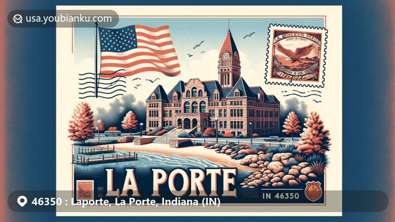 Modern illustration of La Porte, Indiana, ZIP code 46350, featuring LaPorte County Courthouse and Stone Lake Beach, with maple trees in the background, reflecting the city's nickname 'Maple City' and incorporating a vintage postcard format with the Indiana state flag stamp.