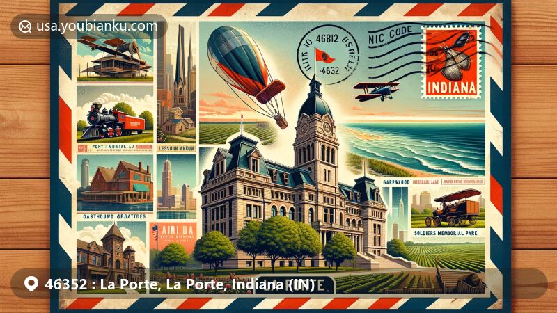 Modern illustration of La Porte, Indiana, in air mail envelope, featuring iconic landmarks like La Porte County Courthouse, Fox Memorial Park, Hesston Steam Museum, Garwood Orchards, and Soldiers Memorial Park.
