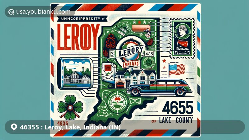 Modern illustration of Leroy, Lake County, Indiana, featuring a postal theme with ZIP code 46355, showcasing Leroy's Irish heritage and key Indiana landmarks.
