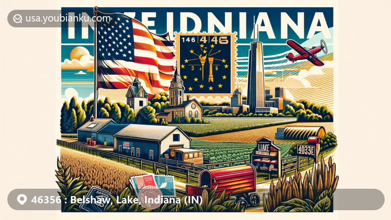 Modern illustration of Belshaw, Lake County, Indiana, with ZIP code 46356, highlighting local characteristics, postal features, and Indiana symbols, incorporating vintage postcard elements and agricultural motifs.
