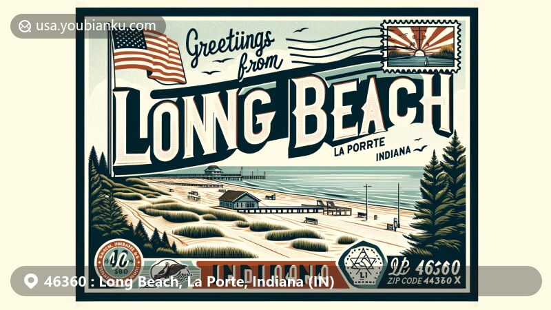 Modern illustration of Long Beach, La Porte, Indiana, highlighting small-town charm with Lake Michigan shoreline and tree-covered dunes, featuring Indiana state flag and postal elements.