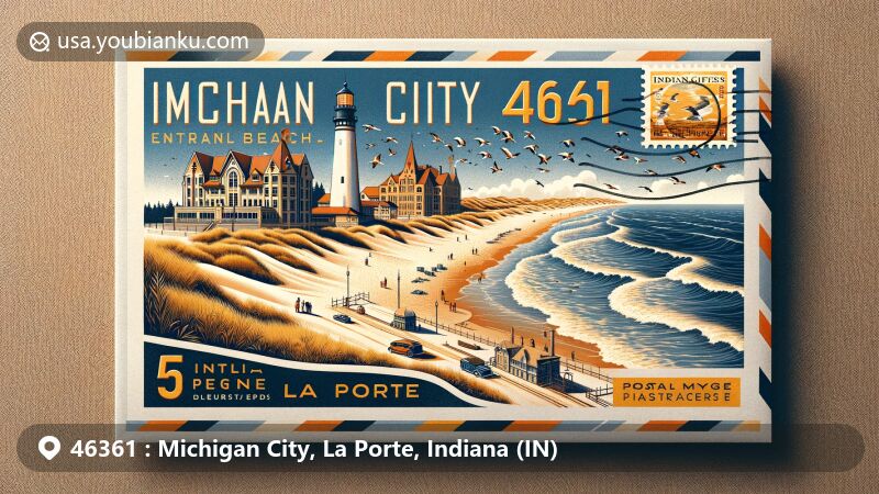Modern illustration of Michigan City, La Porte County, Indiana, showcasing postal theme with ZIP code 46361, featuring Central Beach at Indiana Dunes National Park, Old Lighthouse Museum, and Barker Mansion.