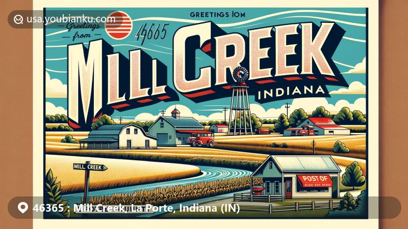 Modern illustration of Mill Creek, La Porte County, Indiana, showcasing postal theme with ZIP code 46365, featuring rural scenery and vintage postcard design.