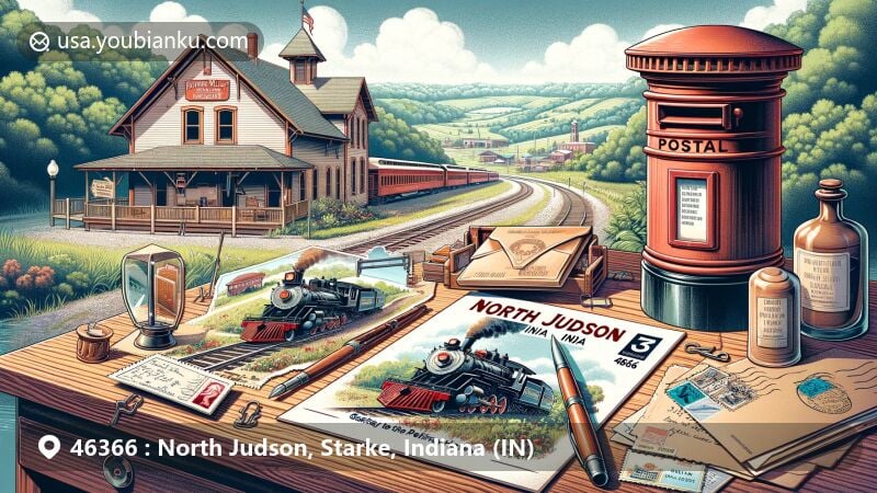 Modern illustration of North Judson, Indiana, combining railway heritage and postal history, featuring Hoosier Valley Railroad Museum, vintage train, verdant landscape, and Erie Trail, with symbols of postal system and ZIP Code 46366.