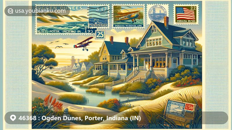 Modern illustration of Ogden Dunes, Porter, Indiana, showcasing unique residential architecture styles like Colonial Revival, Spanish Eclectic, and more, against the backdrop of Indiana Dunes National Park.
