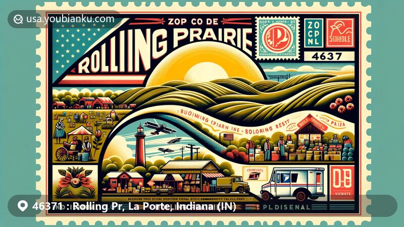 Modern illustration of Rolling Prairie, Indiana, featuring stylized undulating terrain and elements highlighting South Shore Line and Blooming Spring Fest.
