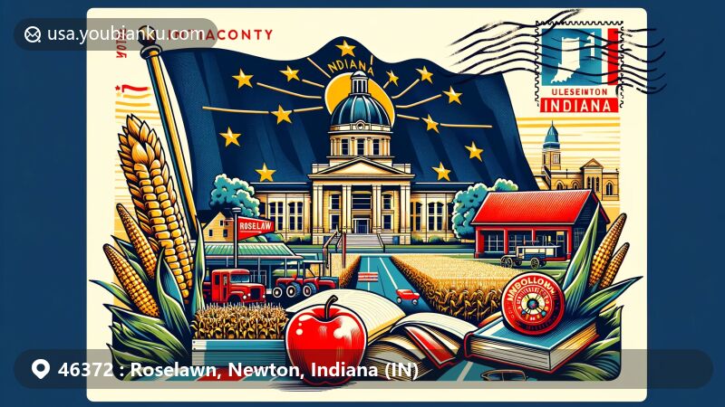 Modern illustration of Roselawn, Newton County, Indiana, featuring state flag backdrop and local symbols like school building, apple, book, cornfields, and tractor, all tied together with postal theme and ZIP code 46372.