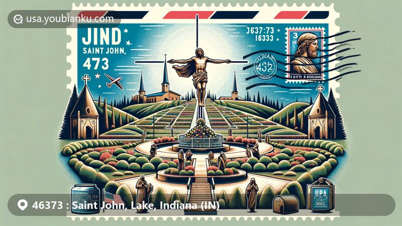 Modern illustration of Saint John, Lake, Indiana, focusing on the Shrine of Christ's Passion and Indiana state symbols, with vintage postal elements like airmail envelope and postage stamp with ZIP Code 46373.
