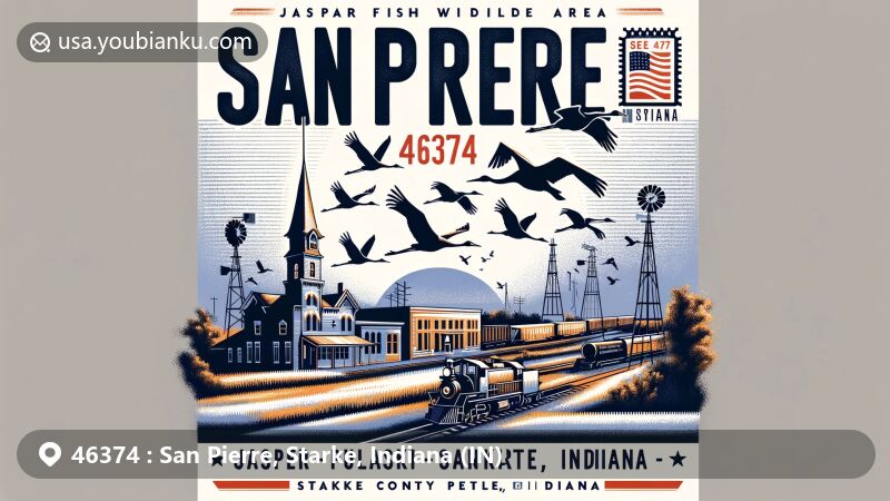Modern illustration of San Pierre, Starke County, Indiana, featuring sandhill cranes, the Bank of San Pierre, vintage railroad, and postal elements like a postcard layout, Indiana state flag stamp, and San Pierre postmark.