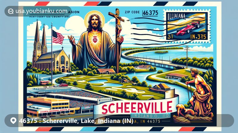 Modern illustration of Schererville, Indiana, highlighting Shrine of Christ's Passion, Scherwood Golf Course, Three Rivers County Park, Illiana Motor Speedway, Lake George, and St. Michael the Archangel Church.