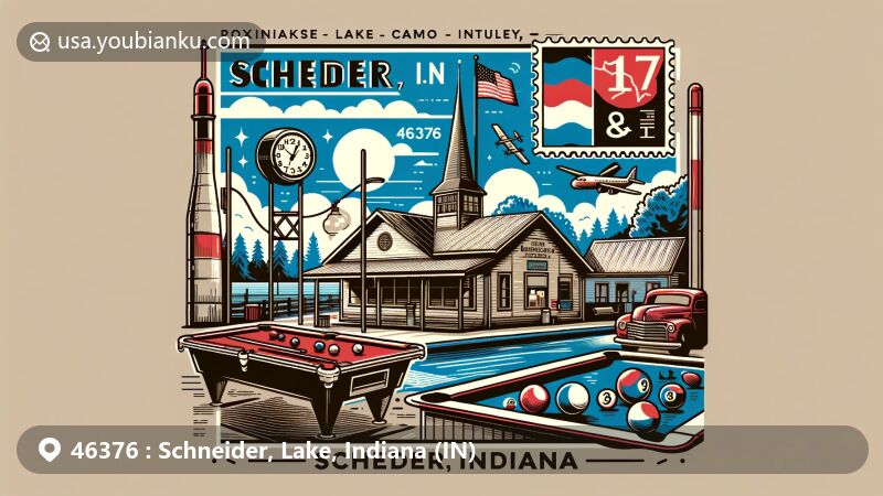 Modern illustration of Schneider, Indiana, featuring postal themes, vintage pool room, post office, Indiana state flag, and postal elements, set in the Kankakee River Valley, with a blend of nature and cultural heritage.