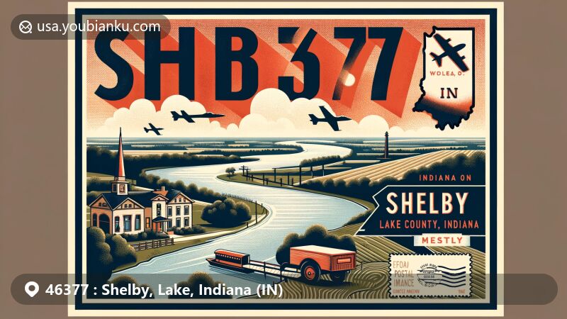 Modern illustration of Shelby, Lake County, Indiana, featuring zipcode 46377, showcasing Kankakee River, Indiana silhouette, and vintage postal design.