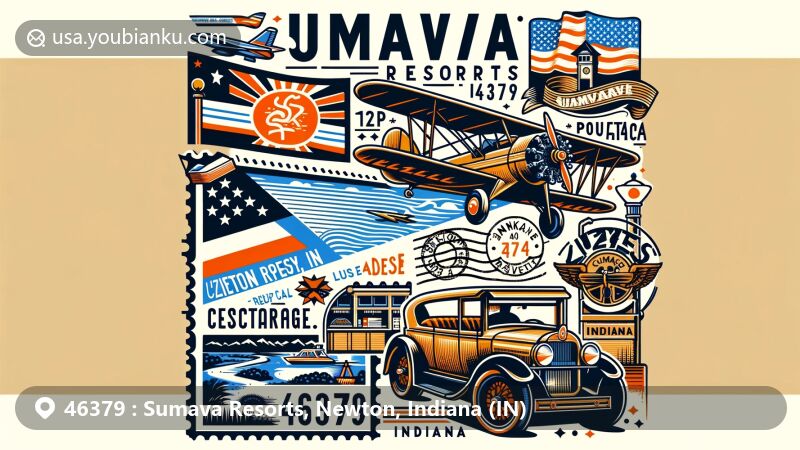 Modern illustration of Sumava Resorts, Newton County, Indiana, highlighting ZIP code 46379 with aviation-themed envelope, 'Sumava Resorts, 46379' postmark, and postal car, featuring Kankakee River and Czech heritage elements.