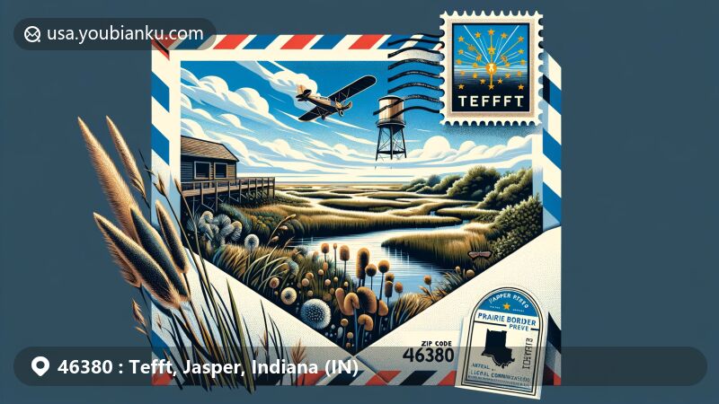 Modern illustration of Tefft, Jasper County, Indiana, showcasing Prairie Border Nature Preserve with prairies, wetlands, and savannas, emphasizing local conservation efforts.